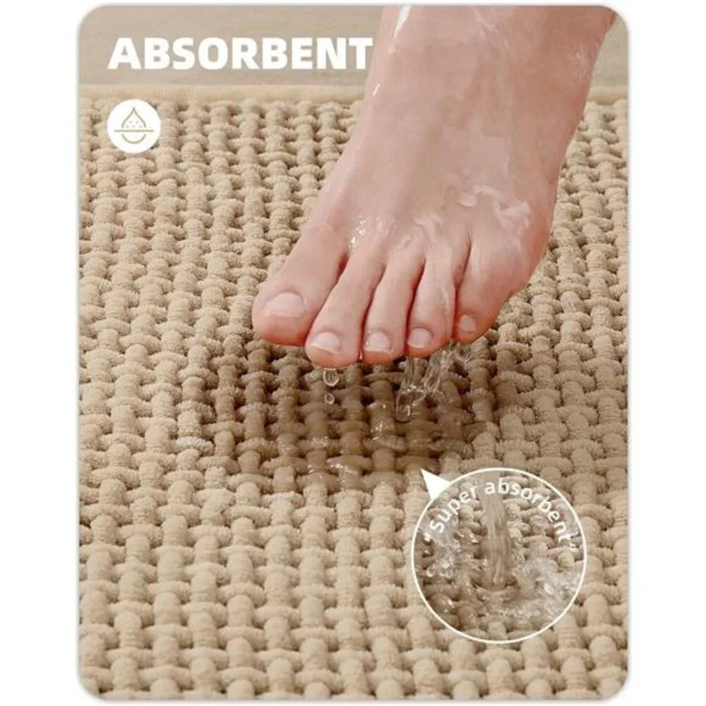 Beige Chenille Bathroom Rugs- Non Slip, Absorbent, Quick Dry, Thin, Washable